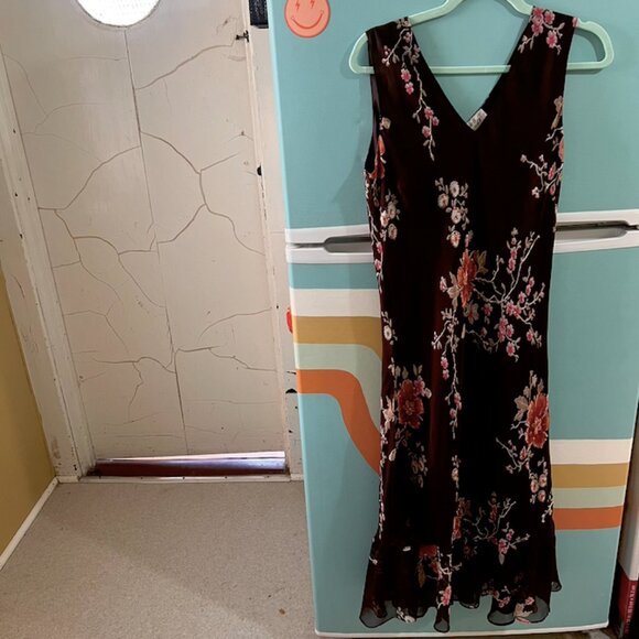 Vintage Brown Floral Dress | Beading | Wedding Guest Dress Late Summer Flowy - Picture 2 of 10